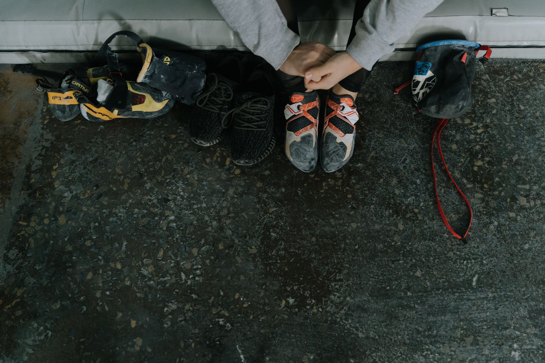 Climbing shoes and chalk bag
