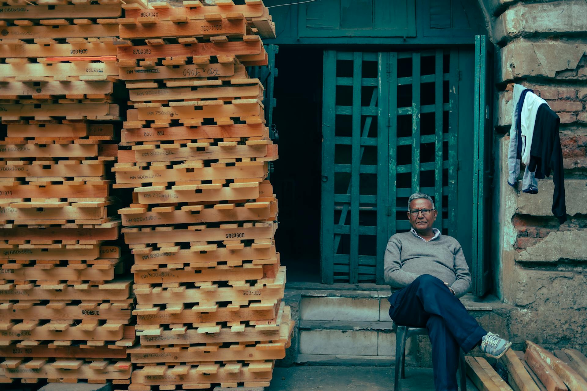 A man sits by stacks of wooden pallets against a rustic facade with teal doors.