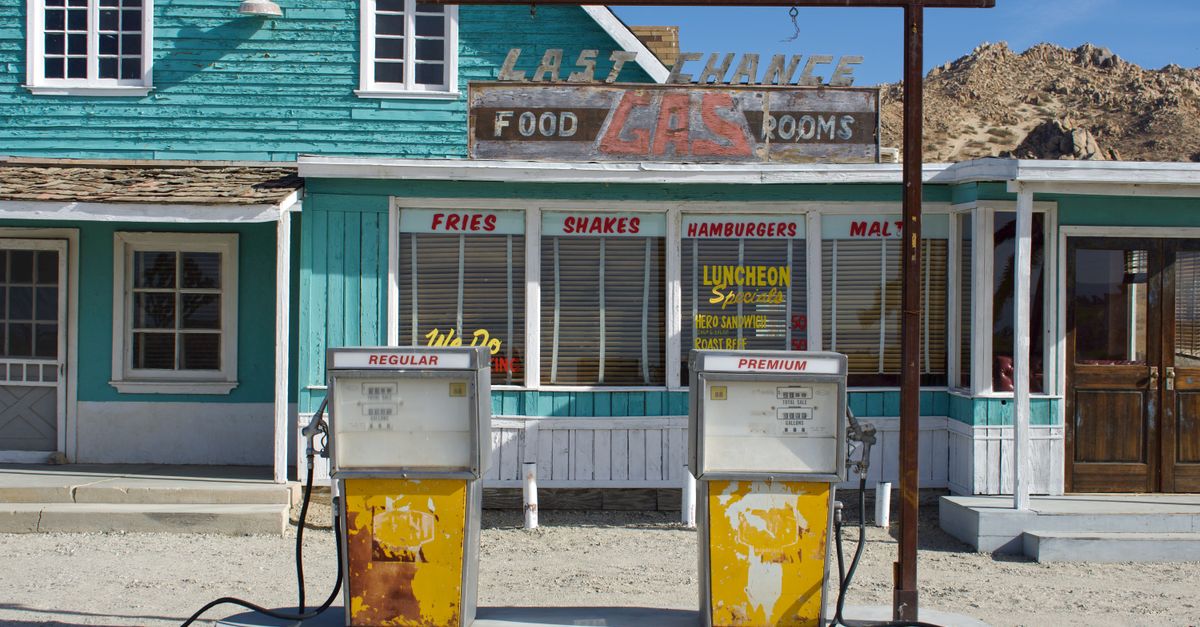 Retro gas station with classic pumps in Lancaster, CA, featuring rustic architecture.