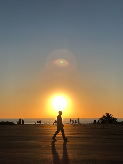 Silhouette of Person Walking Outdoors During Golden Hour