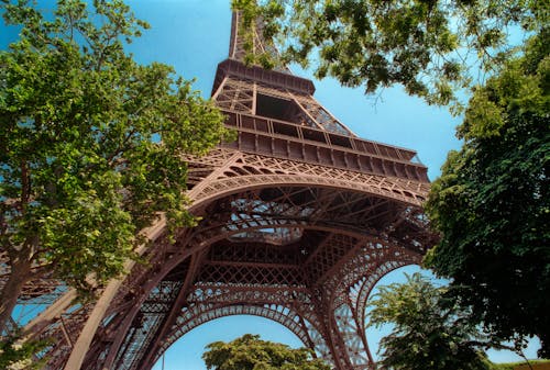 Free A Low Angle Shot of Eiffel Tower Surrounded with Trees Stock Photo