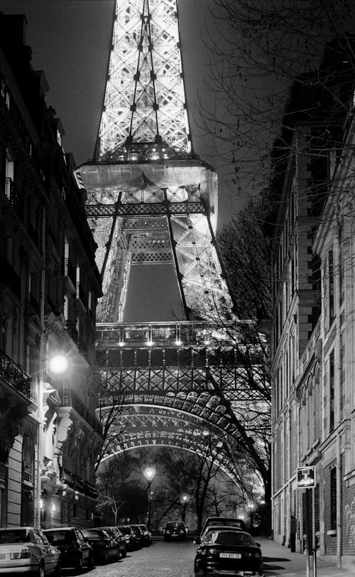Gratis lagerfoto af Eiffeltårnet, Frankrig, gråtoneskala
