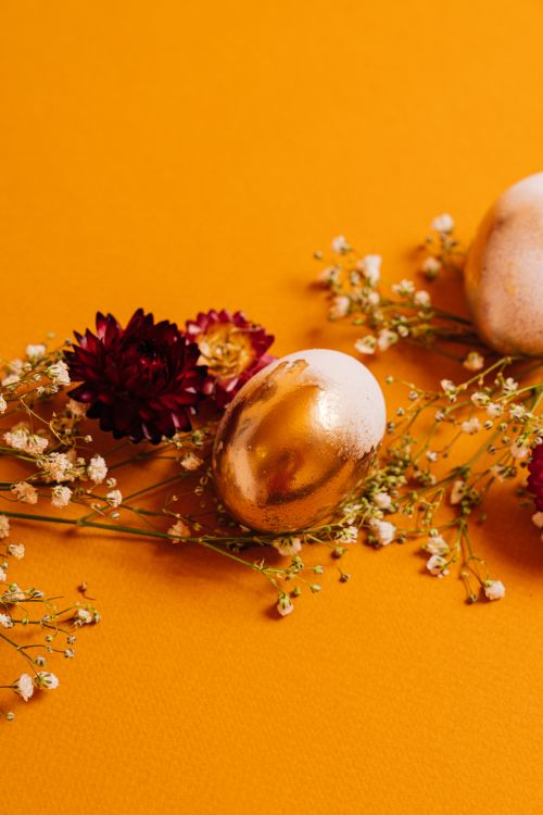 Free Close-up of golden Easter eggs with flowers on a vibrant orange background, capturing a festive and elegant vibe. Stock Photo