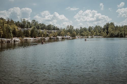 People Kayaking in the River Near Rocky Shore with Trees