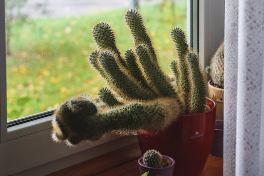 阳光下的窗边盆栽仙人掌特写镜头