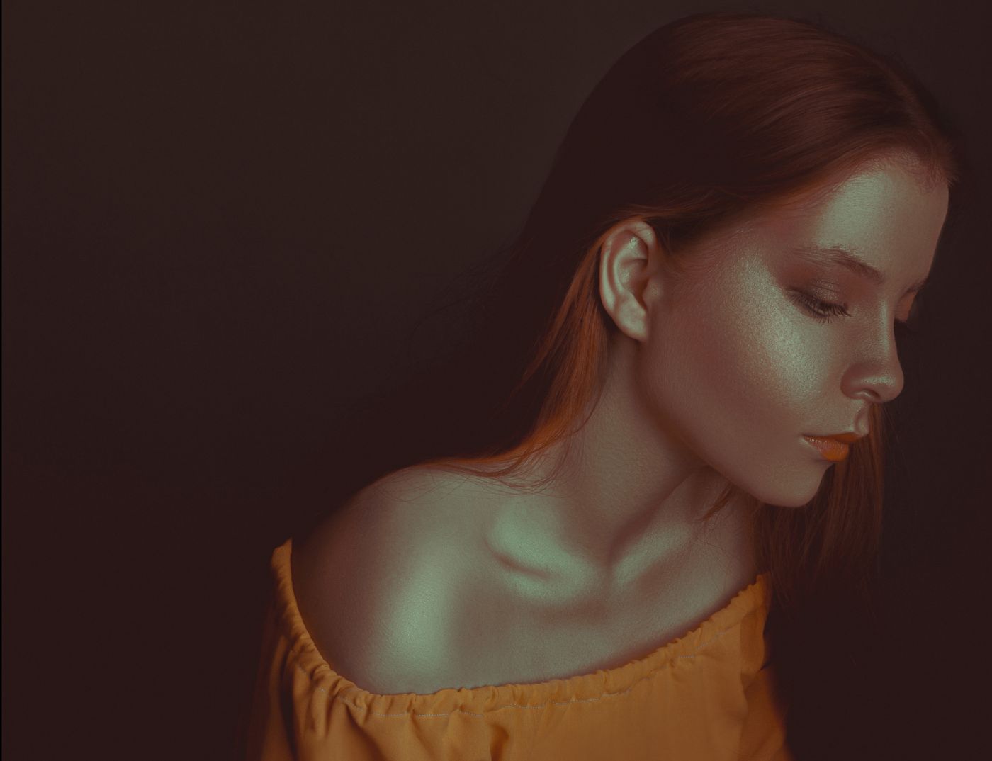 Warm-toned studio portrait of a woman in an off-shoulder top — photo by Khashayar Sk on Pexels