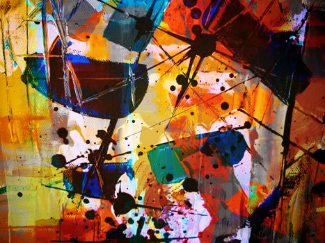 Colorful abstract art painting with splashes and dynamic brushstrokes.