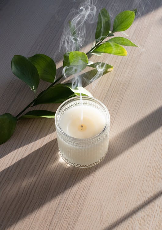 From above of wax candle with vapor near green plant sprig on desk with shades