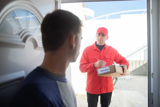 A delivery man in a red uniform bringing a package to a customer's door in Portugal.