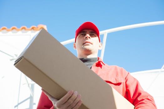 Delivery person in red uniform holding a parcel, captured with a low angle against a clear sky.