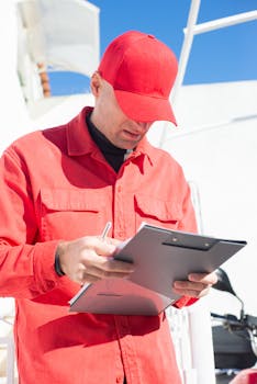 A delivery worker in a red cap and jacket checking a clipboard on a sunny day.