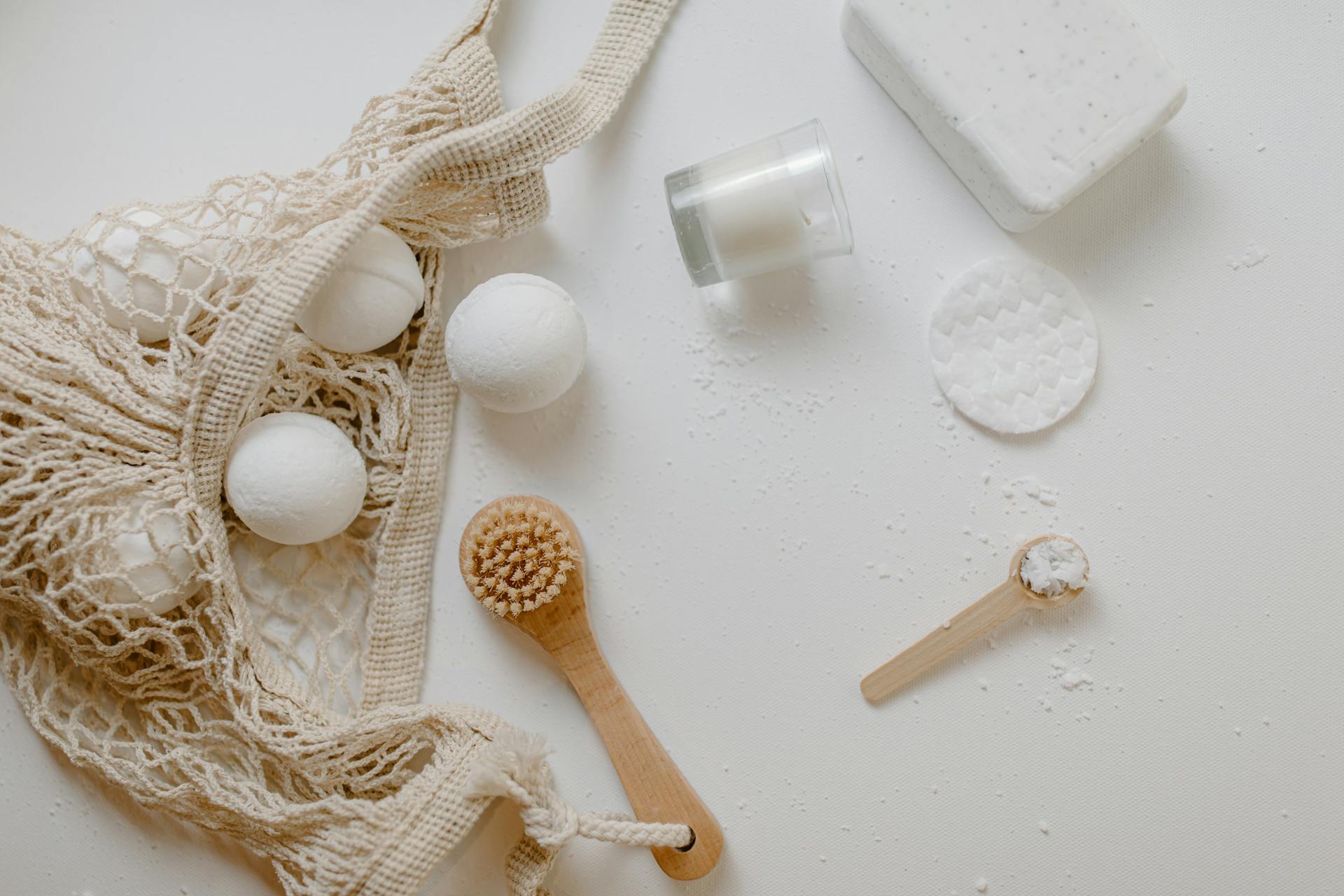 
Hygiene Products and Bath Essentials on a White Surface