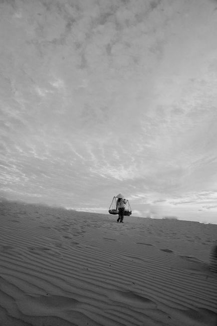 A lone figure walks across a vast desert in a striking black and white composition.