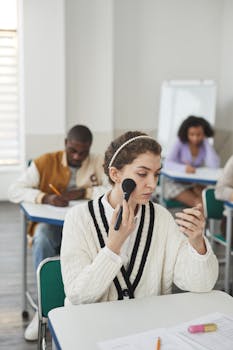 A student applies makeup while others focus on their studies in a diverse classroom.