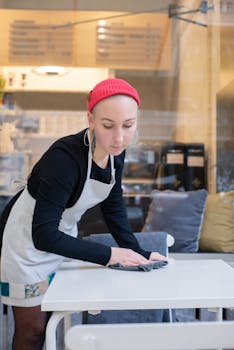 Woman with a red beanie cleaning a table in a contemporary coffee shop interior.