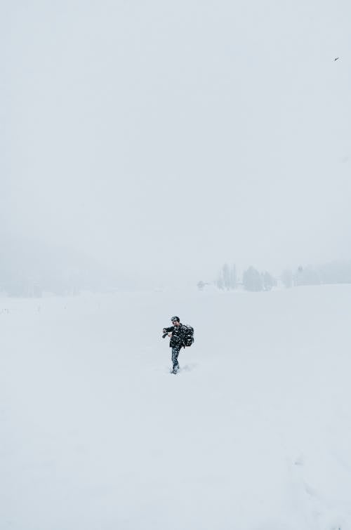 Male photographer standing in snowy valley