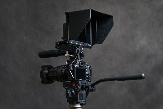 Studio shot of a DSLR camera with an attached lens and external monitor, ideal for videography.