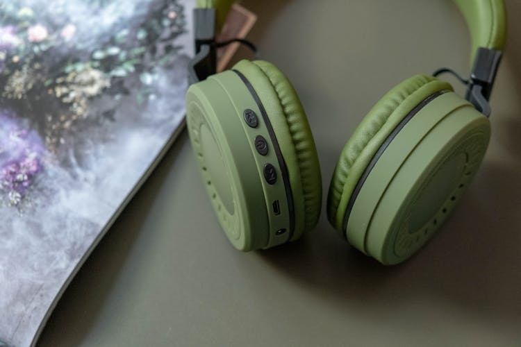 Green Headphones In Close Up Shot