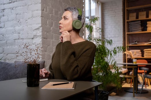Stylish woman with short gray hair listening to music with wireless headphones in a cozy indoor setting.