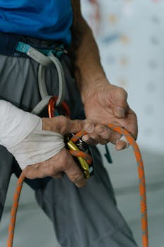 A detailed shot of a rock climber holding rope and carabiner, ready for ascent.