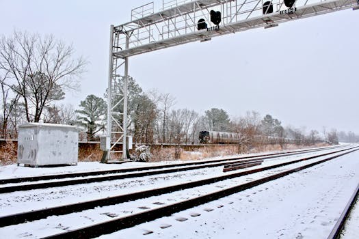 Serene winter scene with snowy railway tracks under an overcast sky.