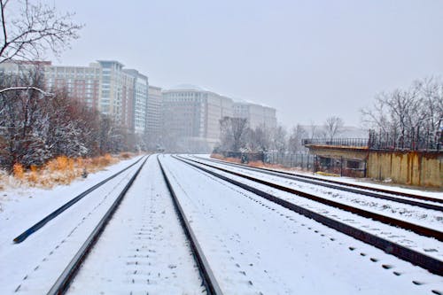 Snow Covered Tracks near Buildings