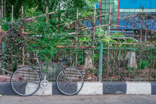 Black bike parked by a lush urban greenery fence, offering a serene street view.
