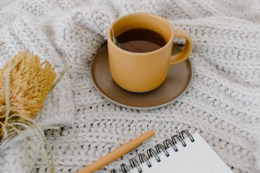 Warm tea cup with notebook and pen on a knitted blanket, creating a cozy ambiance.