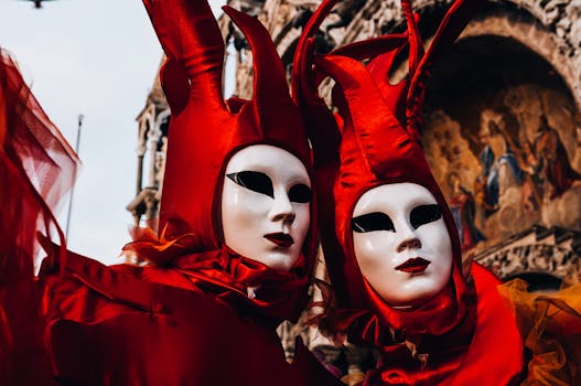 Stunning Venetian carnival masks and costumes in vibrant red during the festival in Venice, Italy.