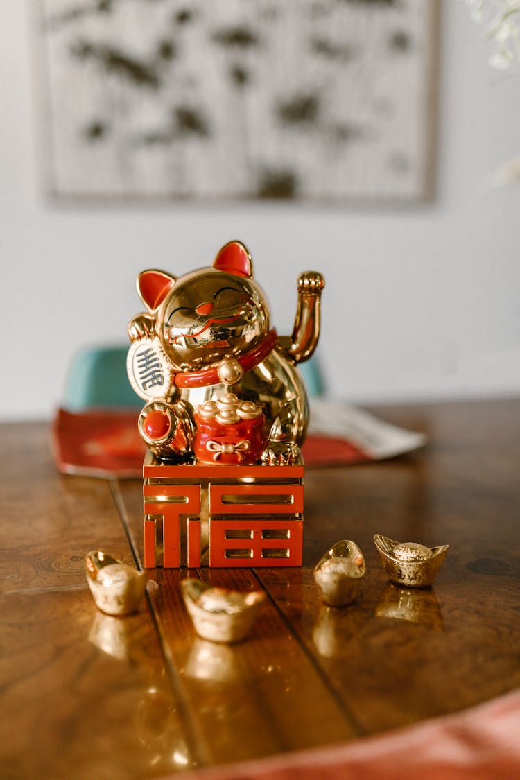 Red And Gold Lucky Cat Figurine