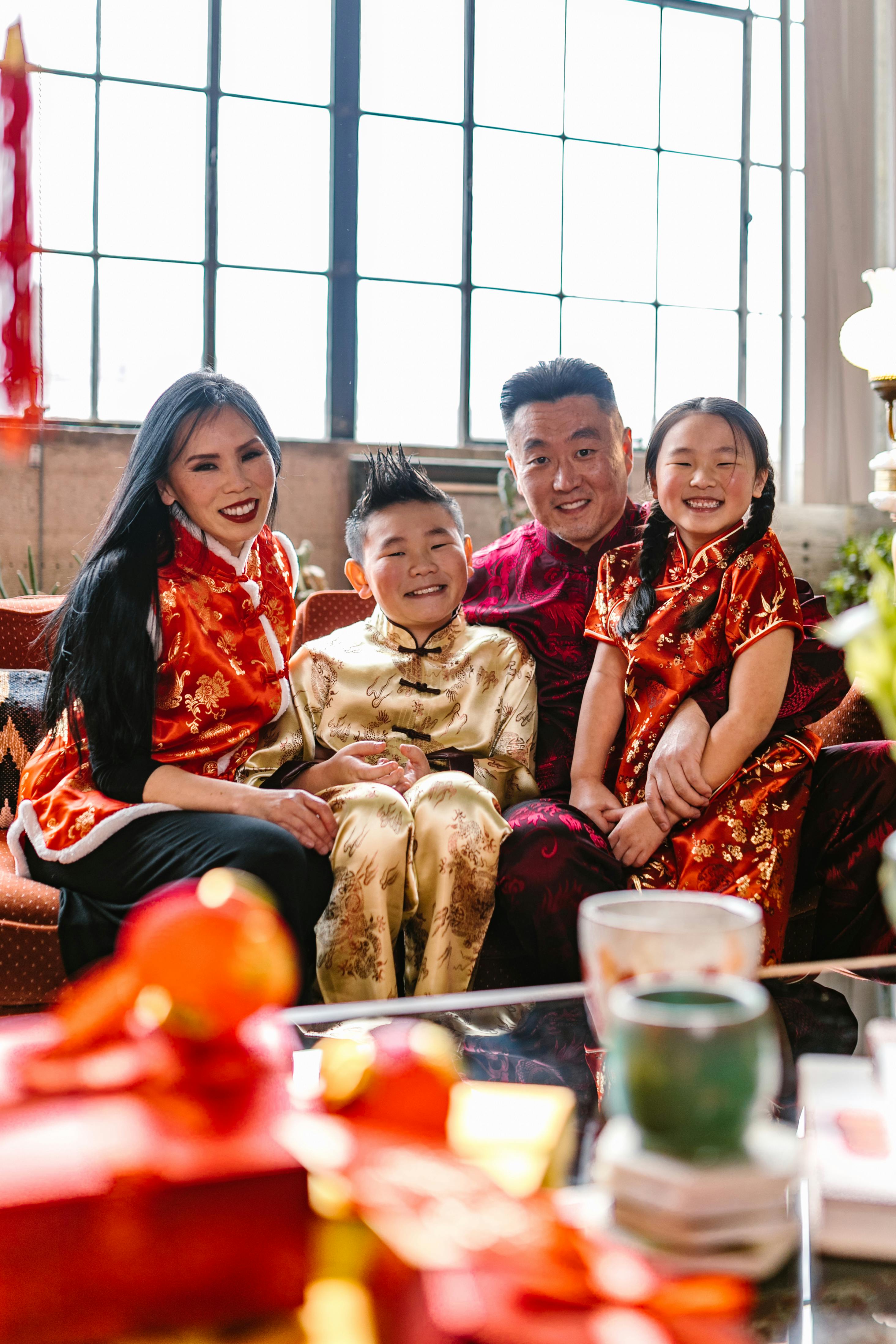 happy family sitting on couch