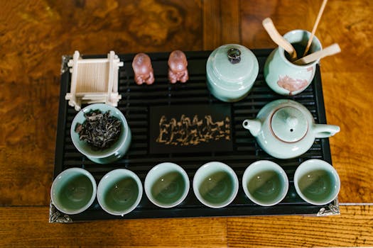 Top view of a traditional tea set with accessories on a wooden surface.