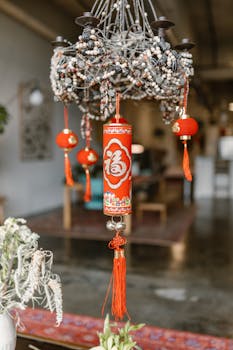 Beautiful red Chinese lantern decorations hanging indoors for New Year celebration.