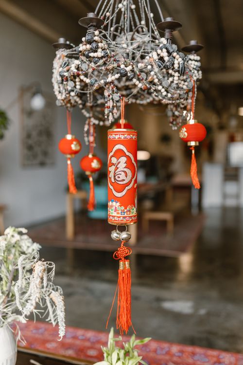 Free Beautiful red Chinese lantern decorations hanging indoors for New Year celebration. Stock Photo