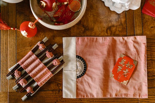 An artistic display of traditional Chinese New Year elements including red envelopes, decorations, and chopsticks on a wooden table.