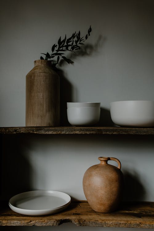 Ceramics on Wooden Shelves