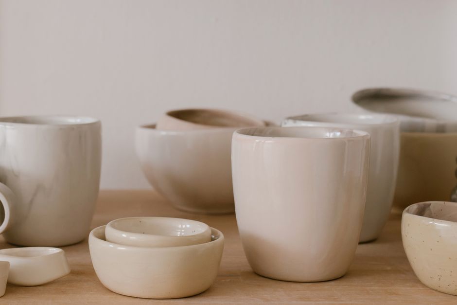 White ceramic bowls on a wooden table