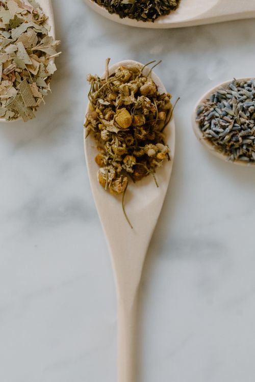 Free Flat lay of natural dried herbs including chamomile, eucalyptus, and lavender displayed on wooden spoons. Stock Photo