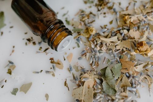 Free Close-up of a brown glass bottle and dried herbs, ideal for aromatherapy and wellness themes. Stock Photo