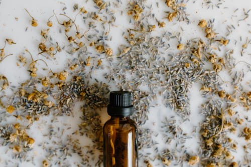 Close-Up Shot of Brown Essential Oil Bottle and Medical Herbs on White Surface