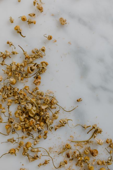 High-angle view of dried chamomile flowers scattered on a white marble surface, perfect for herbal and alternative medicine themes.