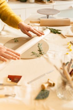 Artisan rolling clay with rosemary for handmade crafts. Indoors creative workspace.