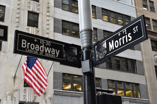 Grey and Black Broadway and Morris Street Signage Near U.s. Flag