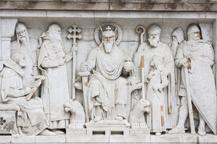 Close-up Of Sculptures Carved In The Statue Of St. Stephen In Budapest 