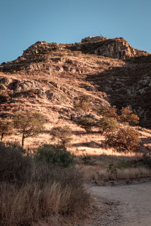 Free A scenic view of a sunlit rocky hillside with sparse vegetation, ideal for nature photography. Stock Photo