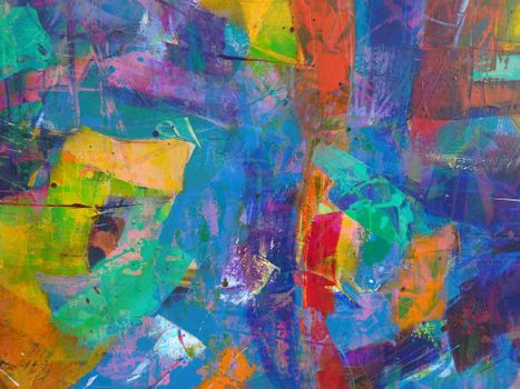 Dynamic colorful abstract painting with bold brushstrokes and vivid hues.