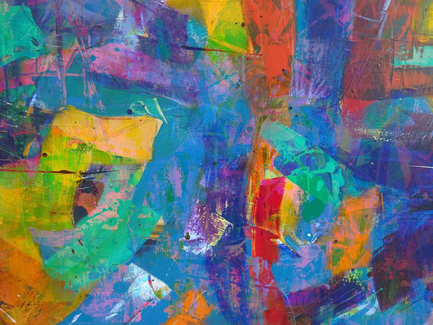 Dynamic colorful abstract painting with bold brushstrokes and vivid hues.