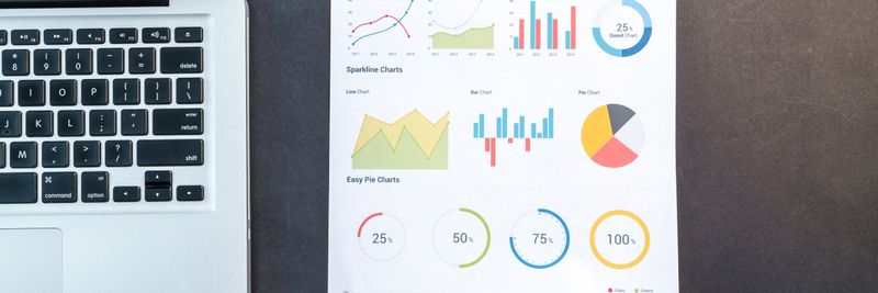 Detailed charts and graphs on a document next to a laptop, representing data analysis.