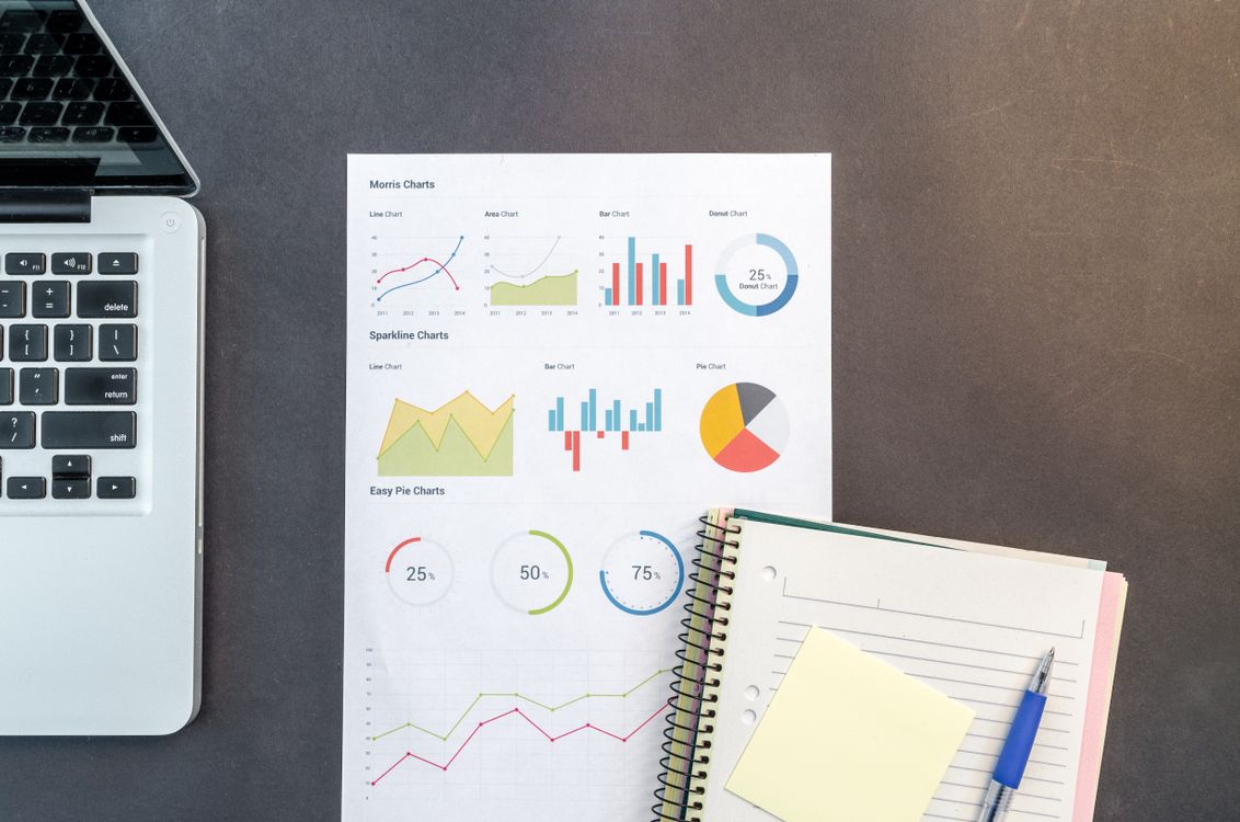 Mesa de trabalho com laptop, gráficos de desempenho e material de planejamento empresarial