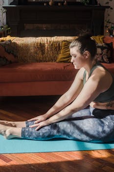 A woman engaged in a seated forward bend yoga pose on a blue mat in a cozy living room.